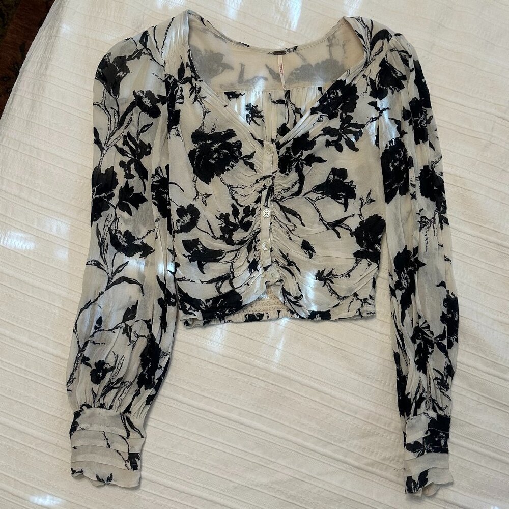 Free People Black and Cream Floral Button Front Cropped Blouse